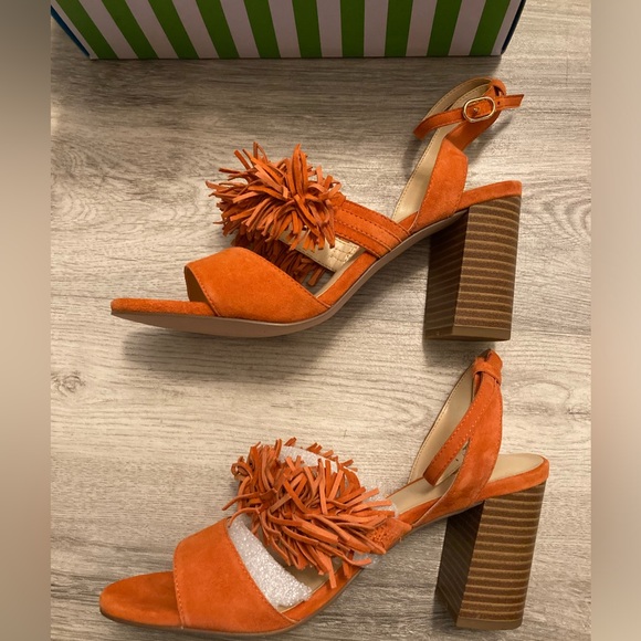 NIB C Wonder Slingback Tomato Red Wood Block Heels Leather Suede Fringe Sandal 8 - Picture 12 of 15